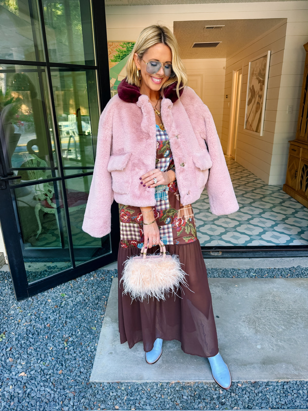 WARMING UP TO YOU CONTRAST FAUX FUR JACKET - ROSE