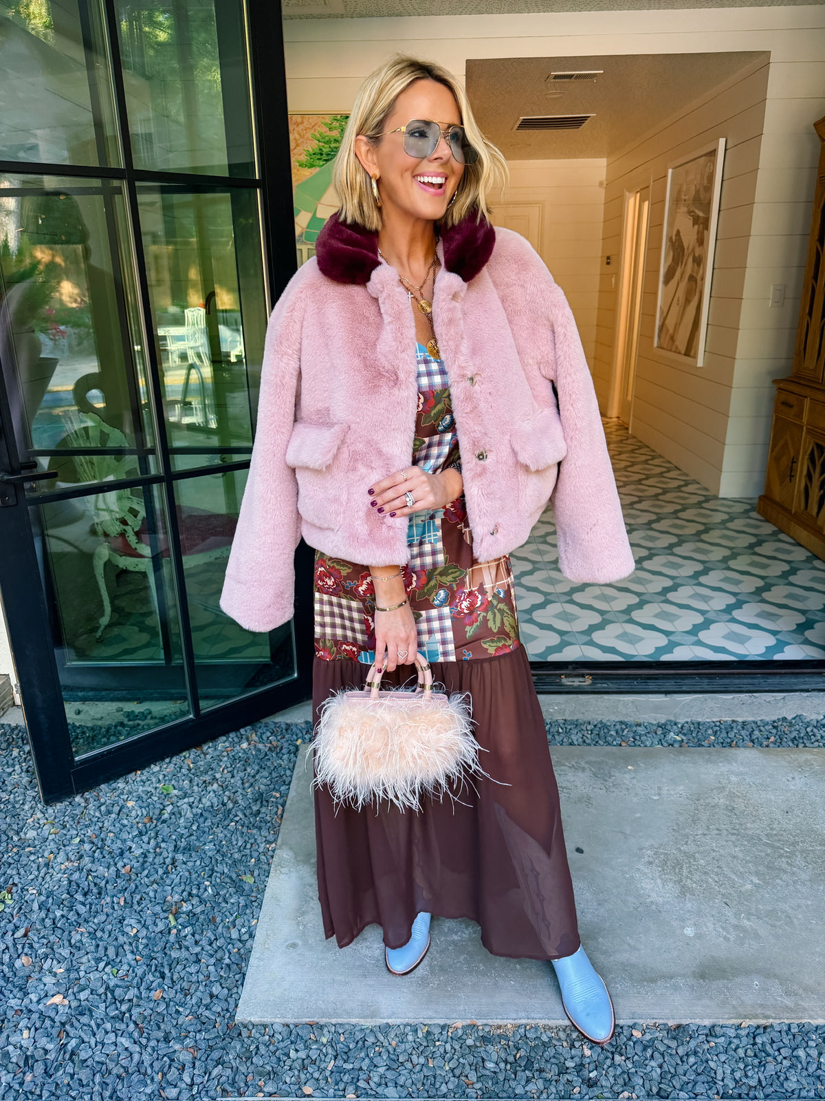 WARMING UP TO YOU CONTRAST FAUX FUR JACKET - ROSE