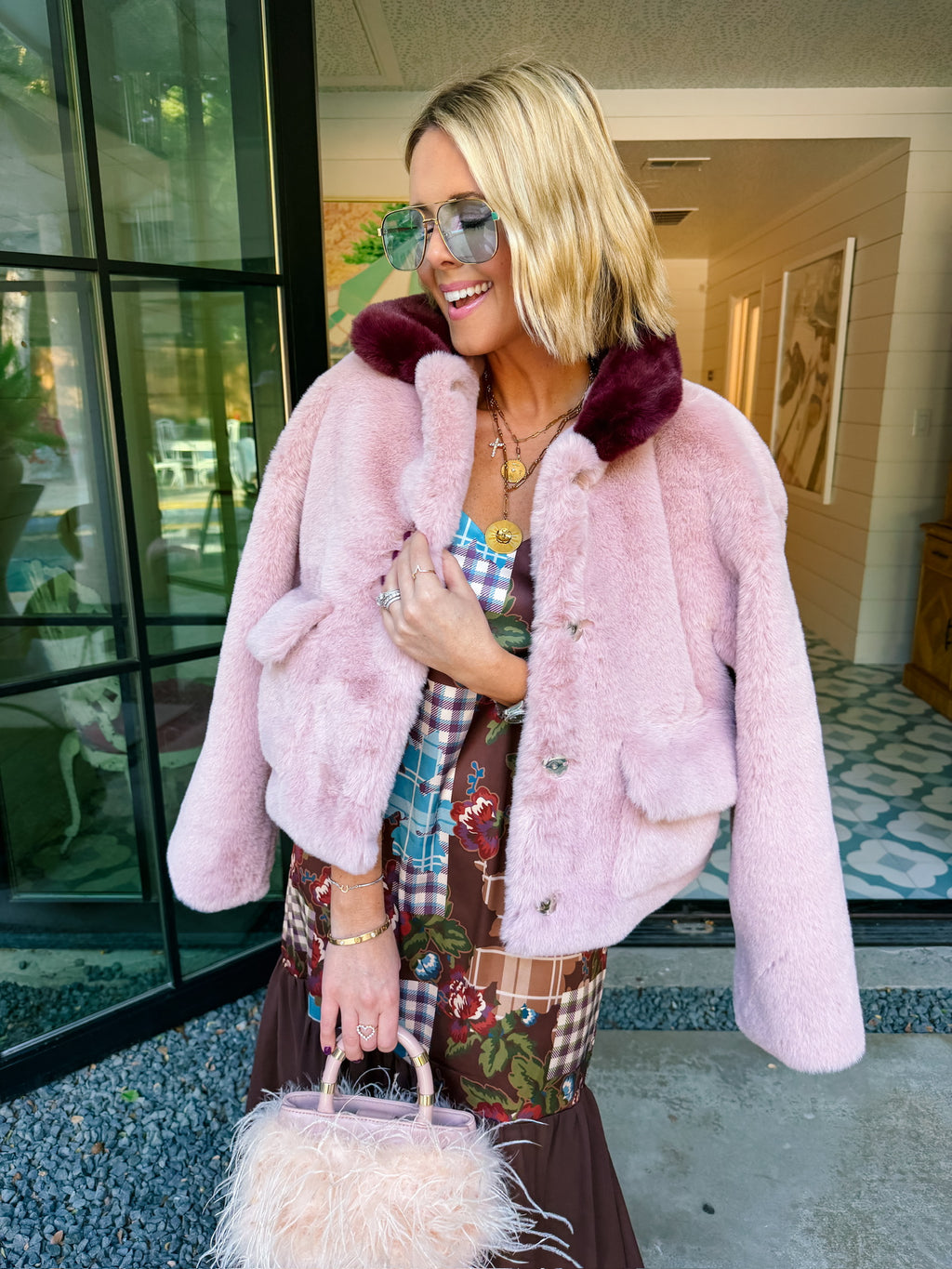 WARMING UP TO YOU CONTRAST FAUX FUR JACKET - ROSE