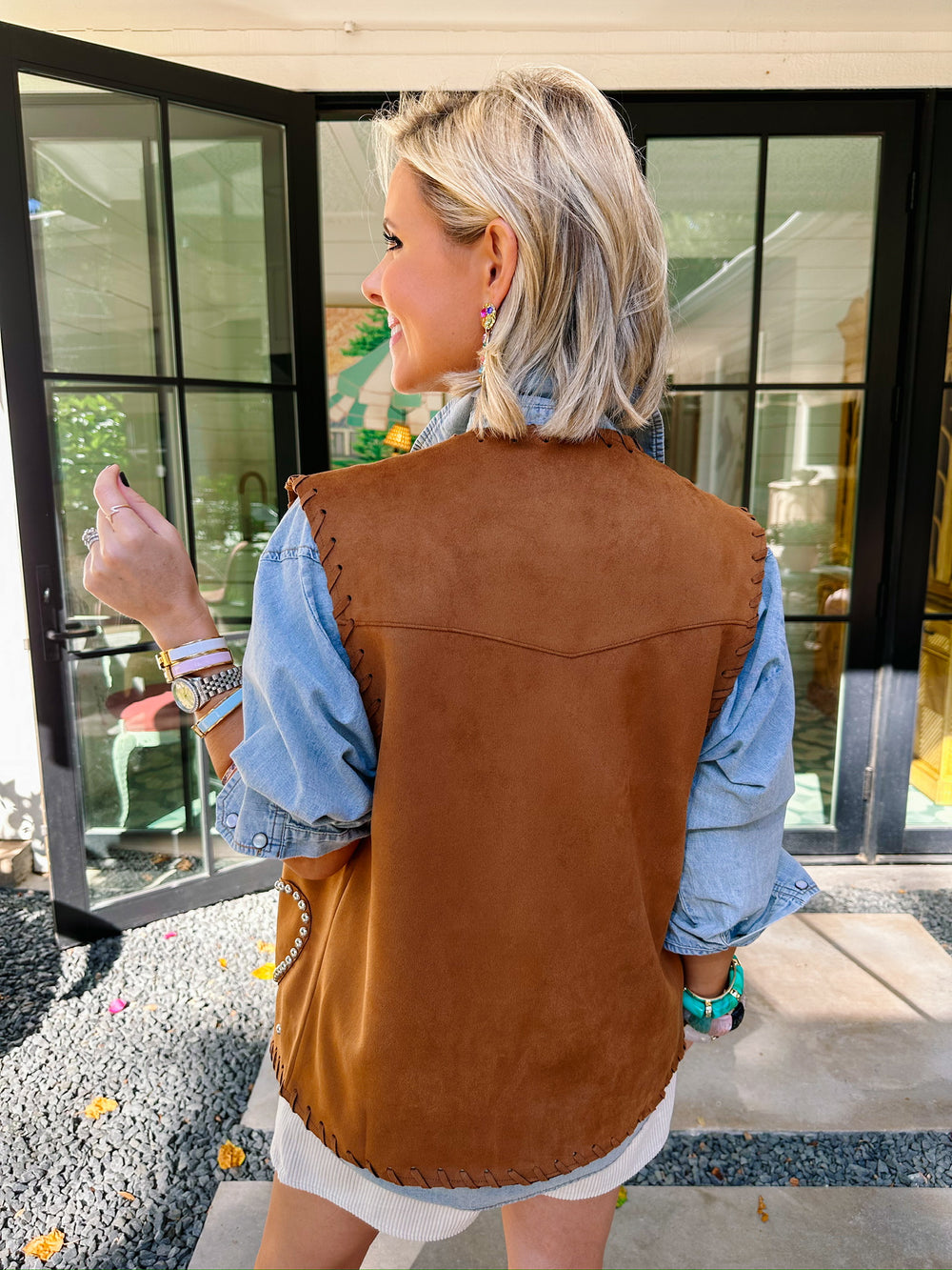 STOLE MY HEART WHIPSTITCH STUD VEST - BROWN