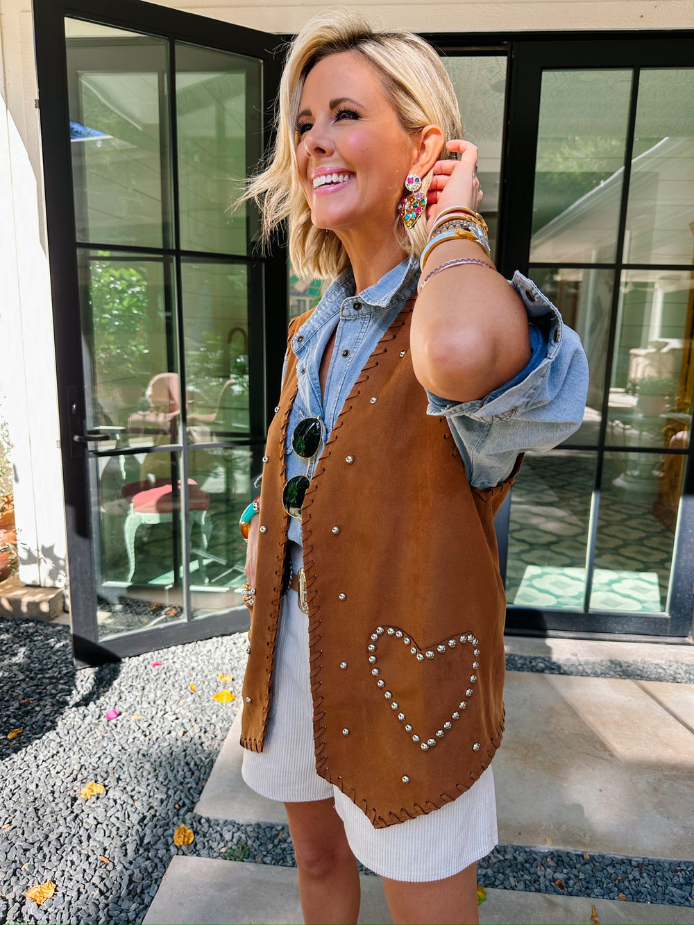 STOLE MY HEART WHIPSTITCH STUD VEST - BROWN