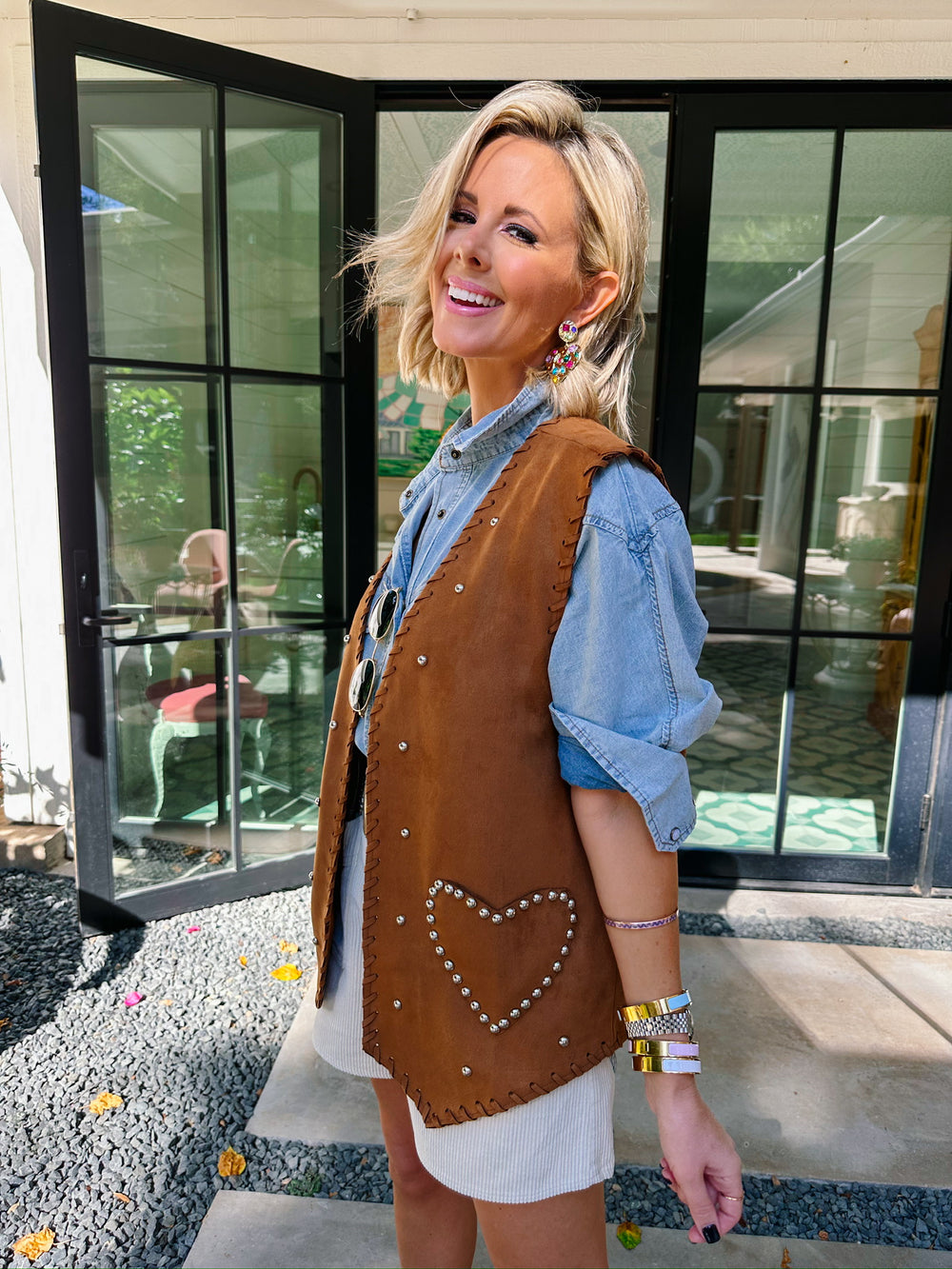 STOLE MY HEART WHIPSTITCH STUD VEST - BROWN