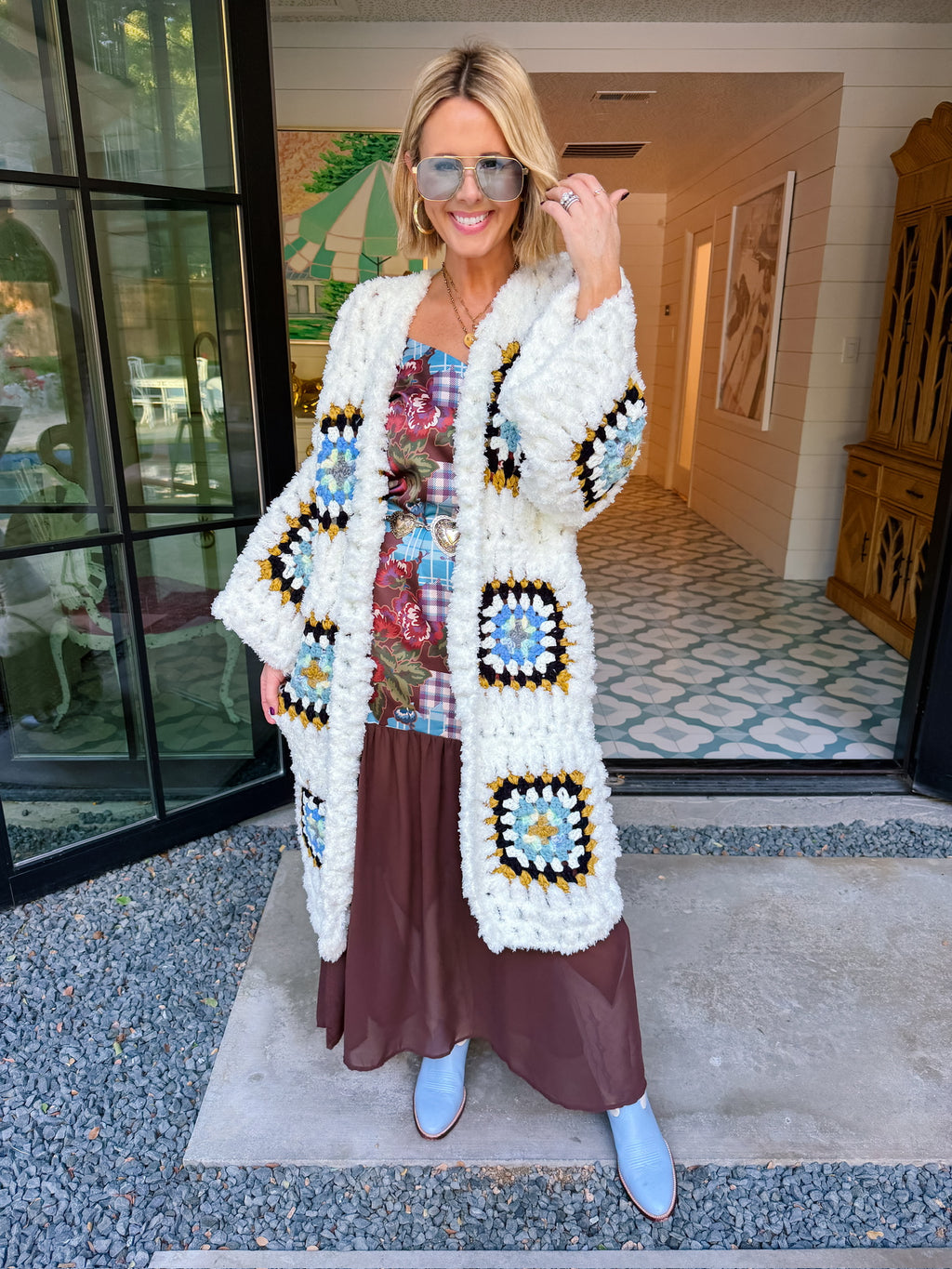 GEORGIA GRANNY SQUARE LONG CARDIGAN - WHITE