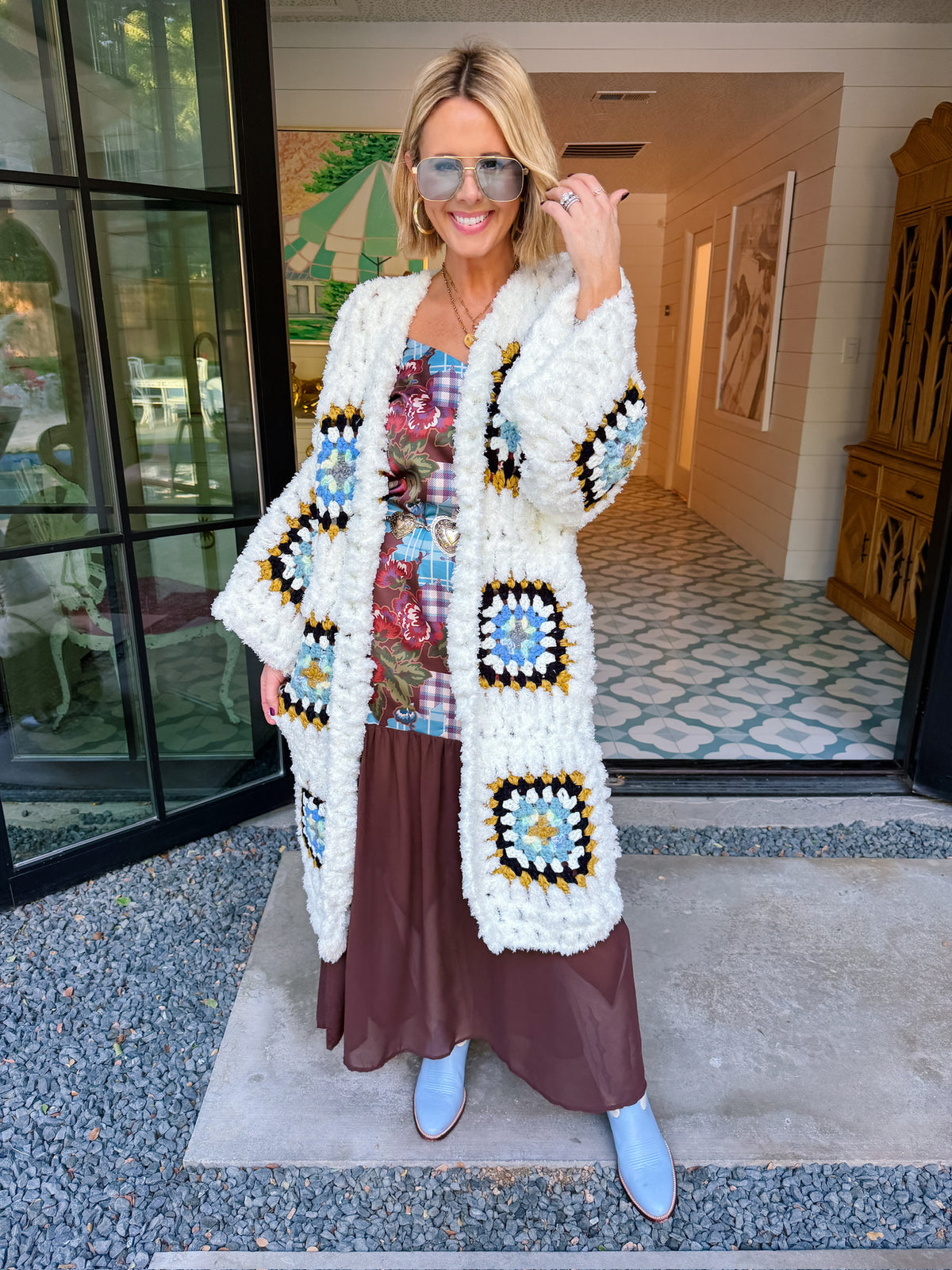 GEORGIA GRANNY SQUARE LONG CARDIGAN - WHITE