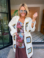 GEORGIA GRANNY SQUARE LONG CARDIGAN - WHITE