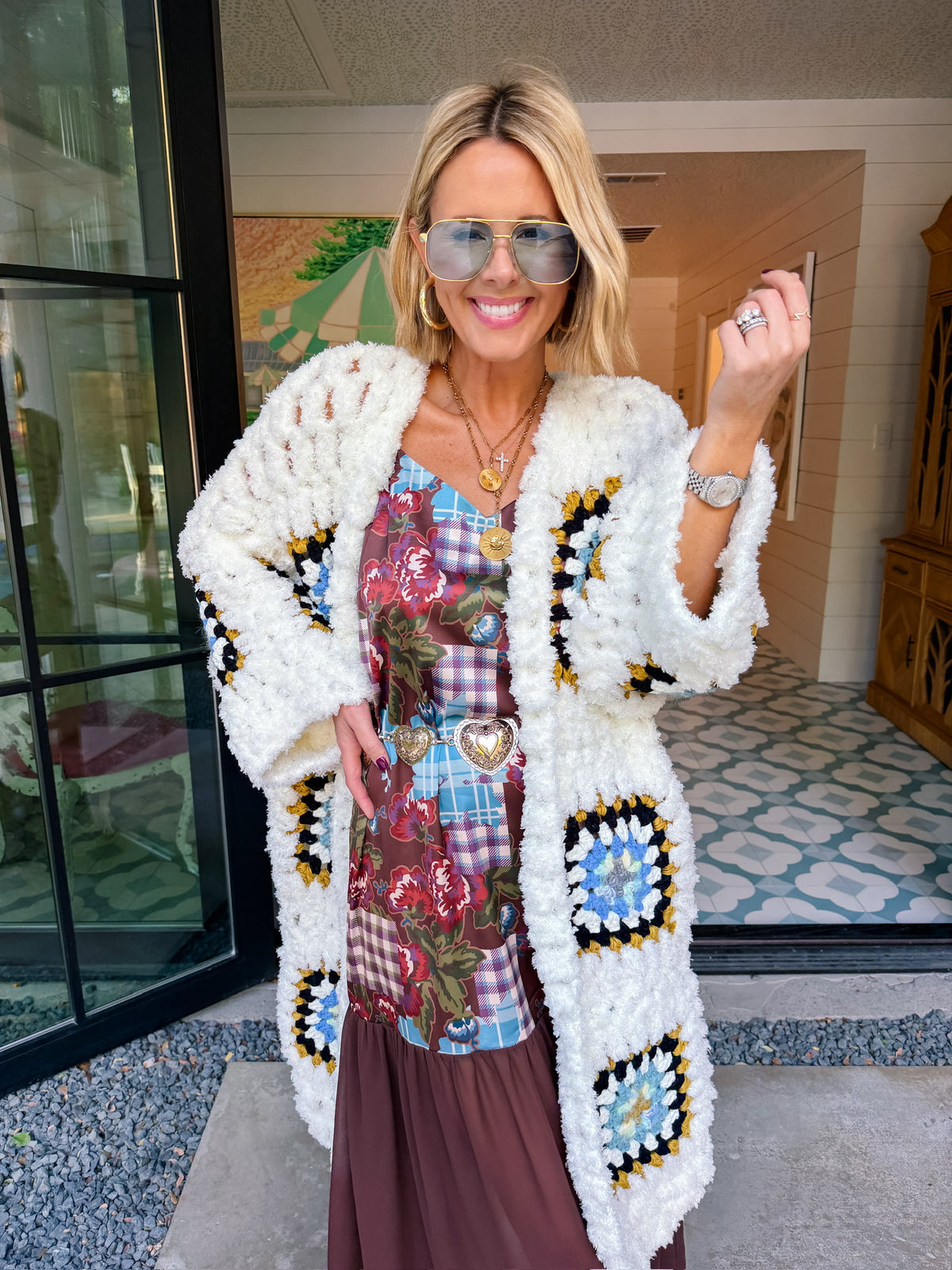 GEORGIA GRANNY SQUARE LONG CARDIGAN - WHITE