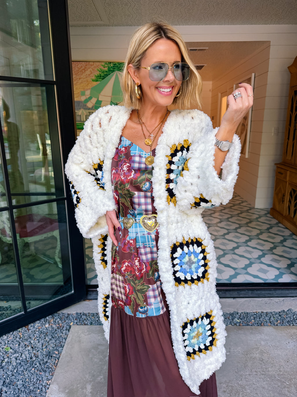 GEORGIA GRANNY SQUARE LONG CARDIGAN - WHITE