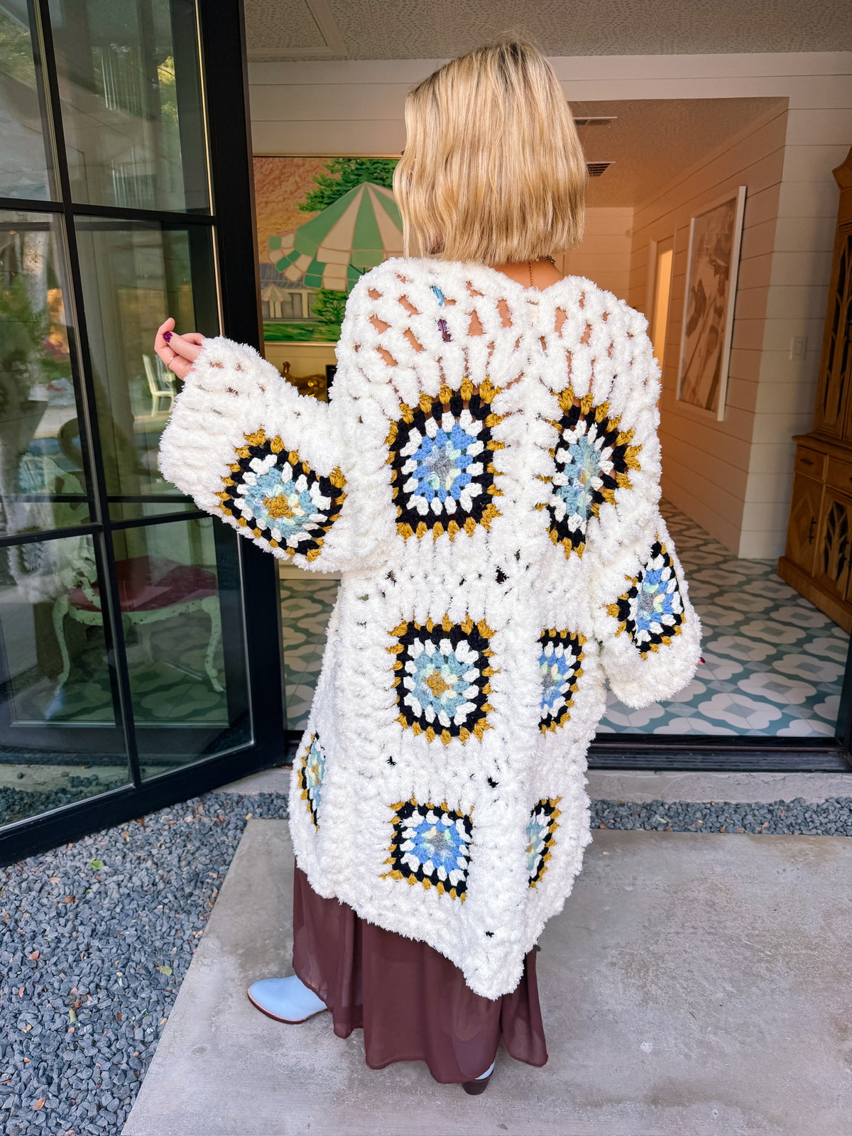 GEORGIA GRANNY SQUARE LONG CARDIGAN - WHITE