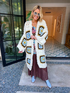 GEORGIA GRANNY SQUARE LONG CARDIGAN - WHITE