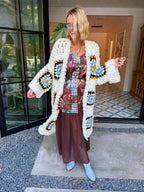 GEORGIA GRANNY SQUARE LONG CARDIGAN - WHITE