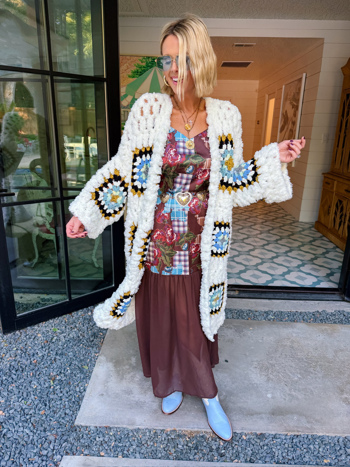 GEORGIA GRANNY SQUARE LONG CARDIGAN - WHITE