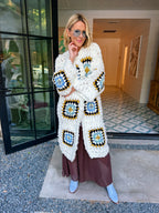 GEORGIA GRANNY SQUARE LONG CARDIGAN - WHITE