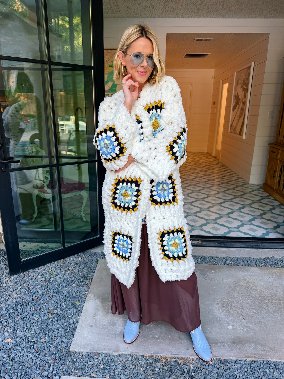 GEORGIA GRANNY SQUARE LONG CARDIGAN - WHITE