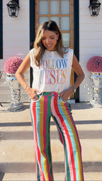 HOLIDAY HUES LACE TRIM STRIPE JEANS