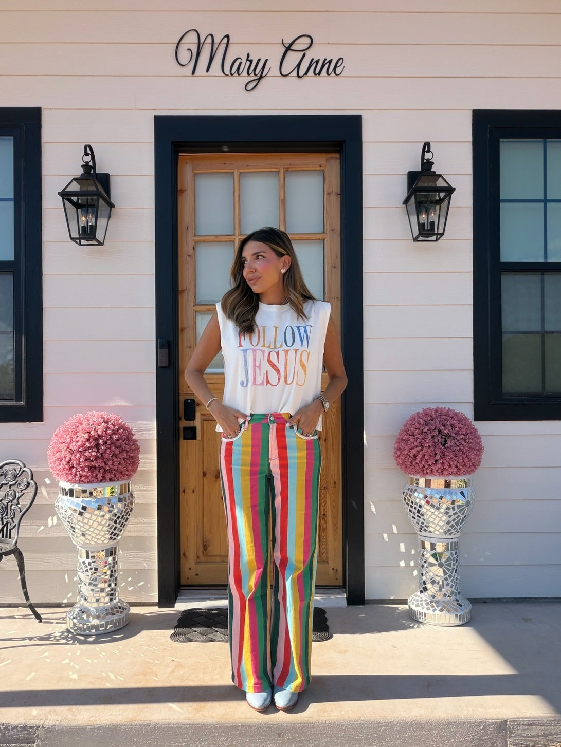 HOLIDAY HUES LACE TRIM STRIPE JEANS