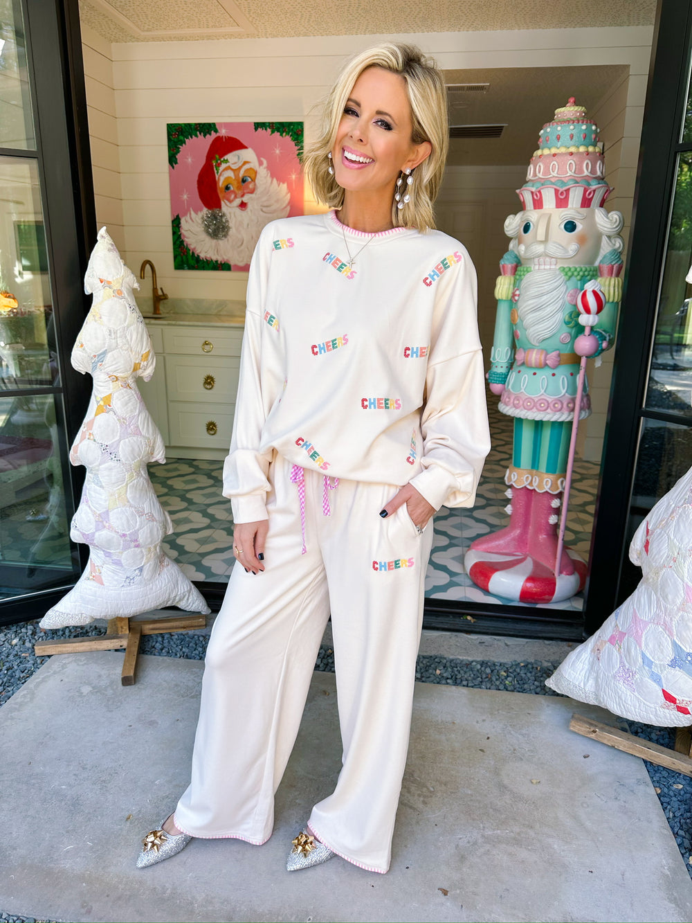 CHEERS STITCH TRIM LOUNGE SET - CREAM