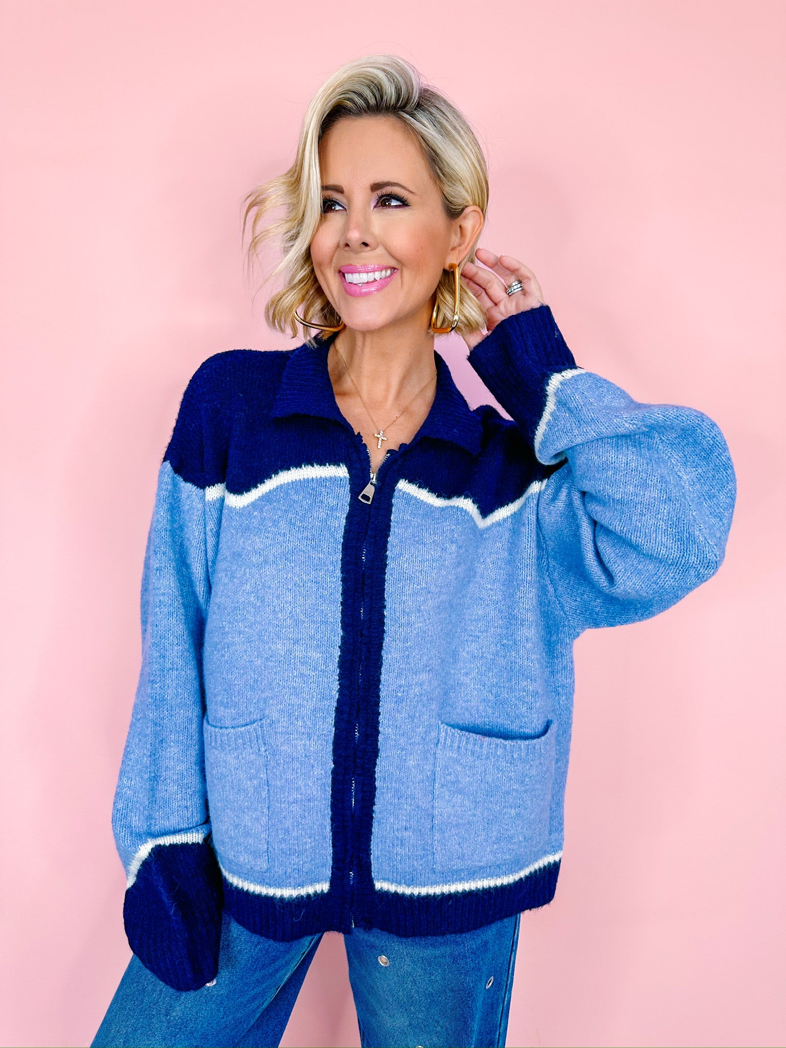 ROPING YOU IN SWEATER JACKET - BLUE