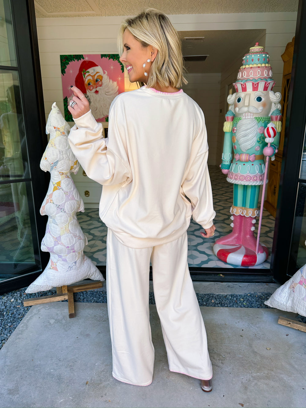 CHEERS STITCH TRIM LOUNGE SET - CREAM