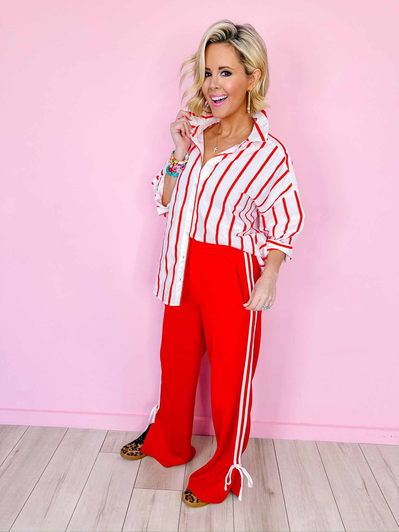 RUBY STRIPE BUTTON UP TOP - RED