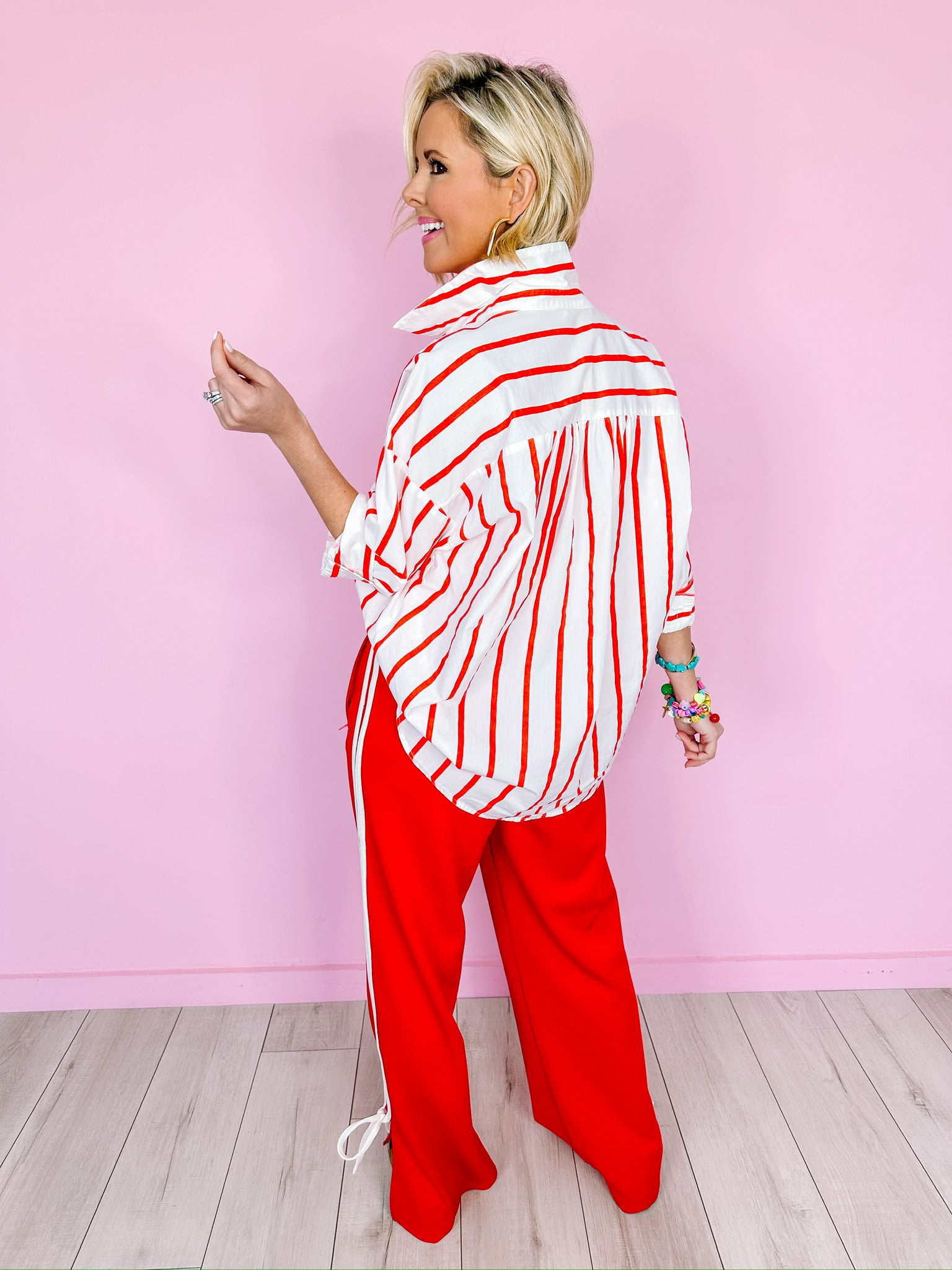 RUBY STRIPE BUTTON UP TOP - RED