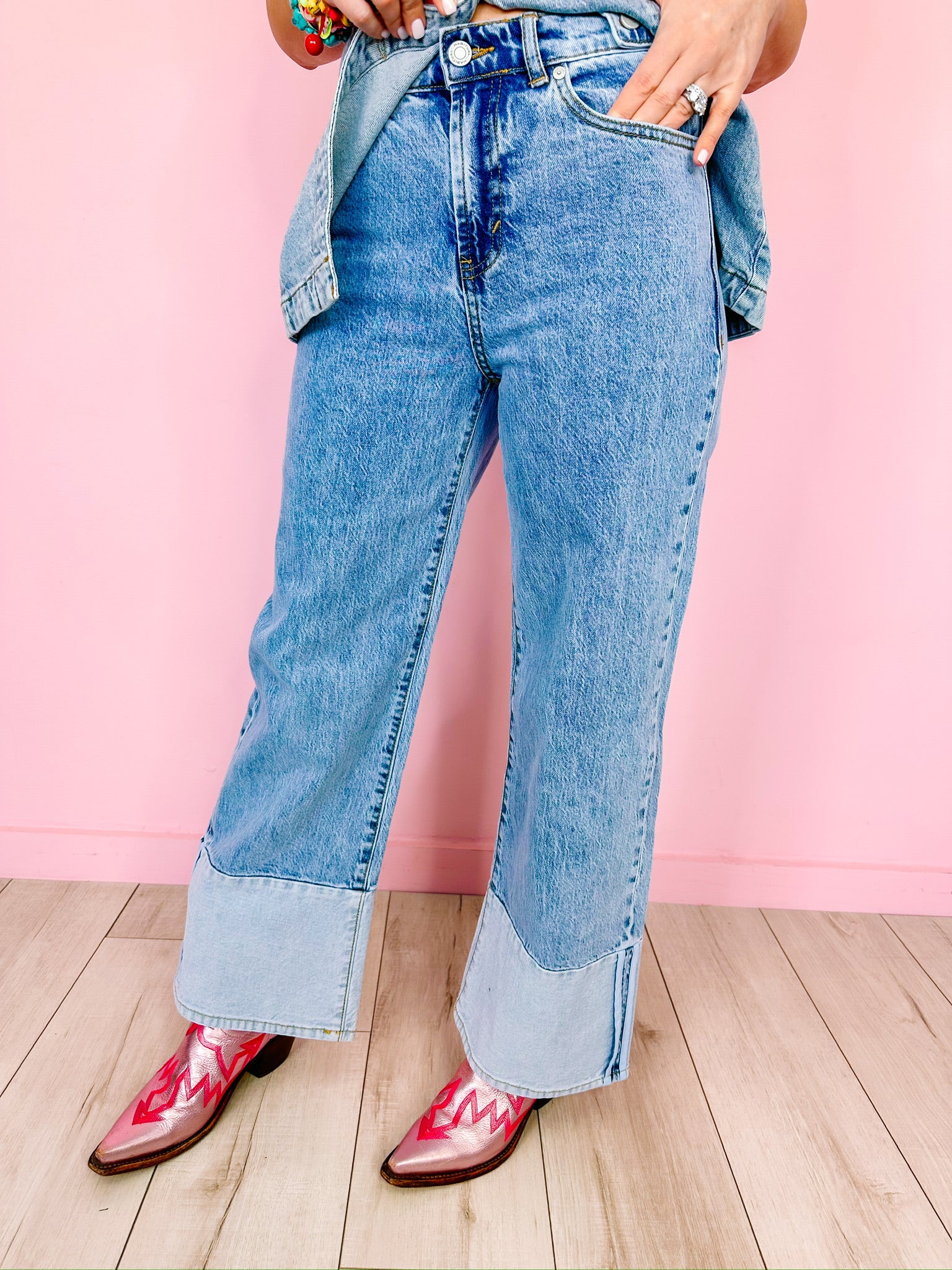 PACIFIC WIDE LEG CONTRAST ANKLE HEM JEANS