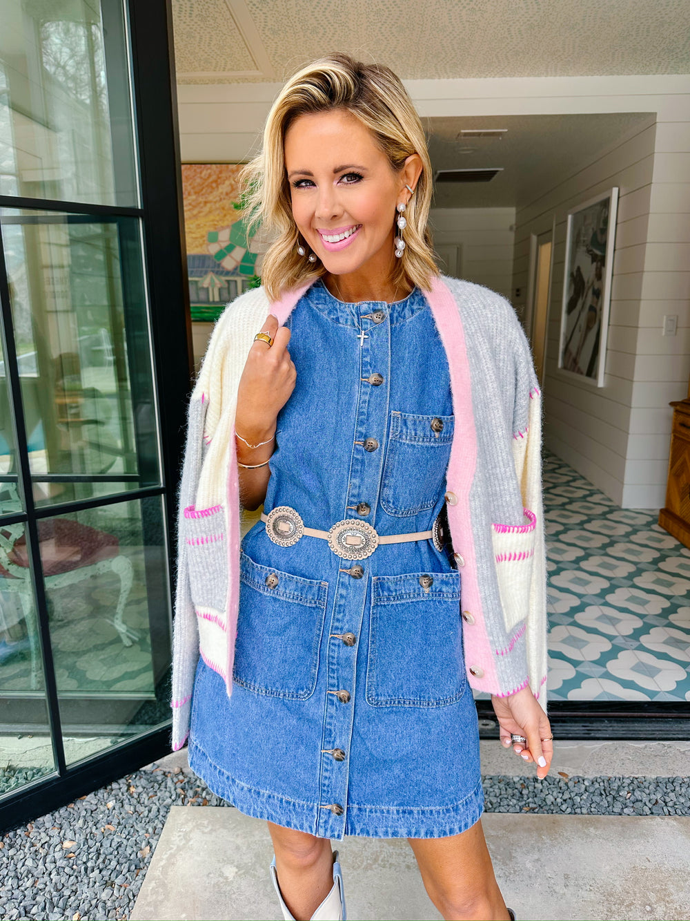 ALICE COLORBLOCK STITCH TRIM CARDIGAN - IVORY/GREY