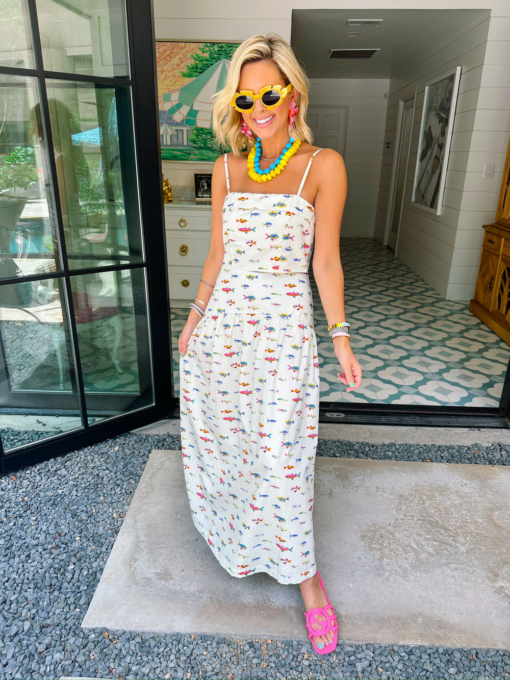 QUITE THE CATCH FISH MIDI SKIRT SET - CREAM