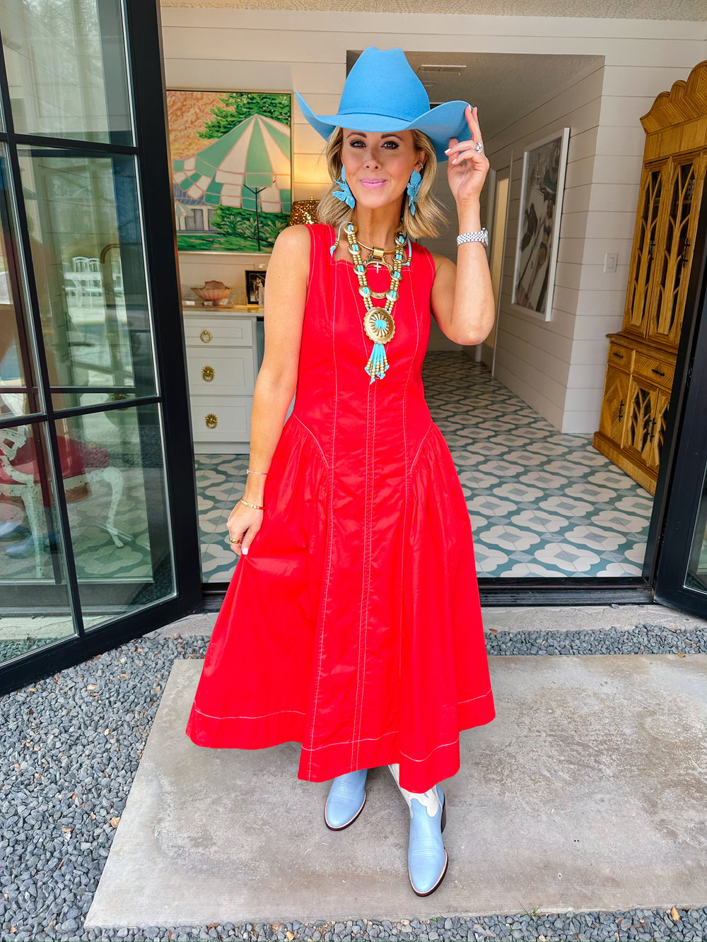 ROSALIE DROP WAIST MIDI DRESS - RED