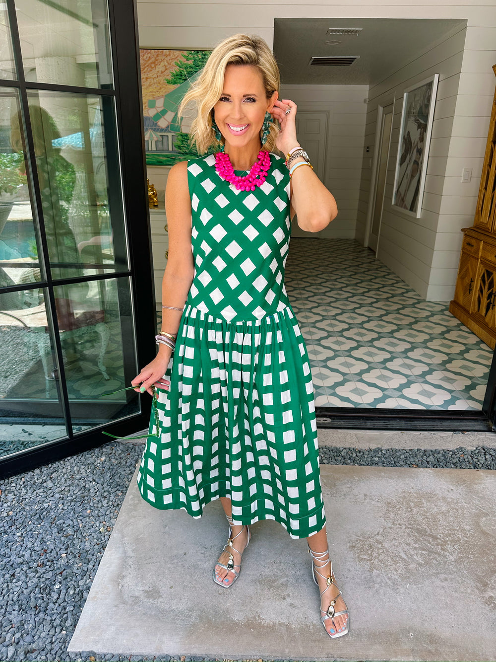 GIVE YOURSELF GRACE GINGHAM FLARE MIDI DRESS - GREEN