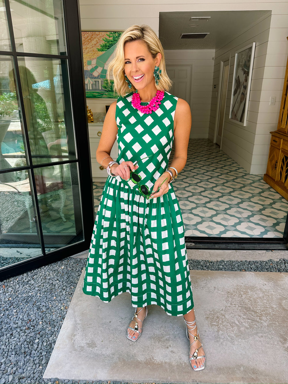 GIVE YOURSELF GRACE GINGHAM FLARE MIDI DRESS - GREEN
