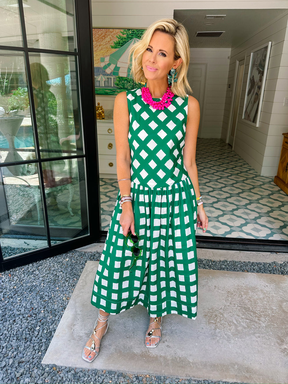 GIVE YOURSELF GRACE GINGHAM FLARE MIDI DRESS - GREEN