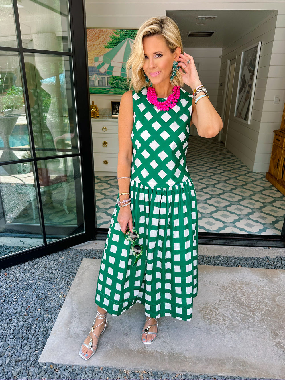 GIVE YOURSELF GRACE GINGHAM FLARE MIDI DRESS - GREEN