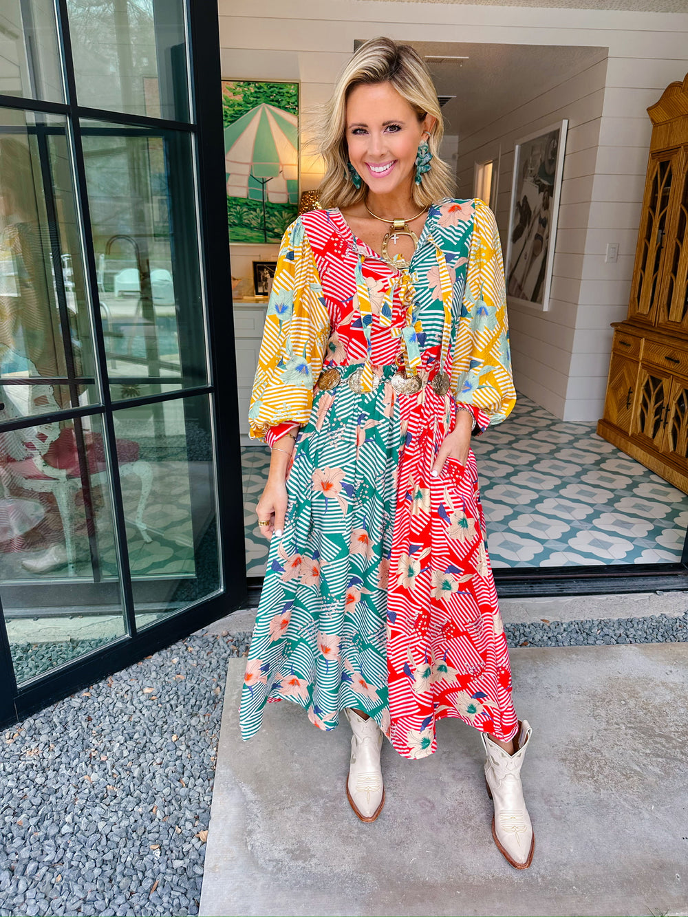 RIVIERA COLORBLOCK BLOOMS TIE UP MIDI DRESS