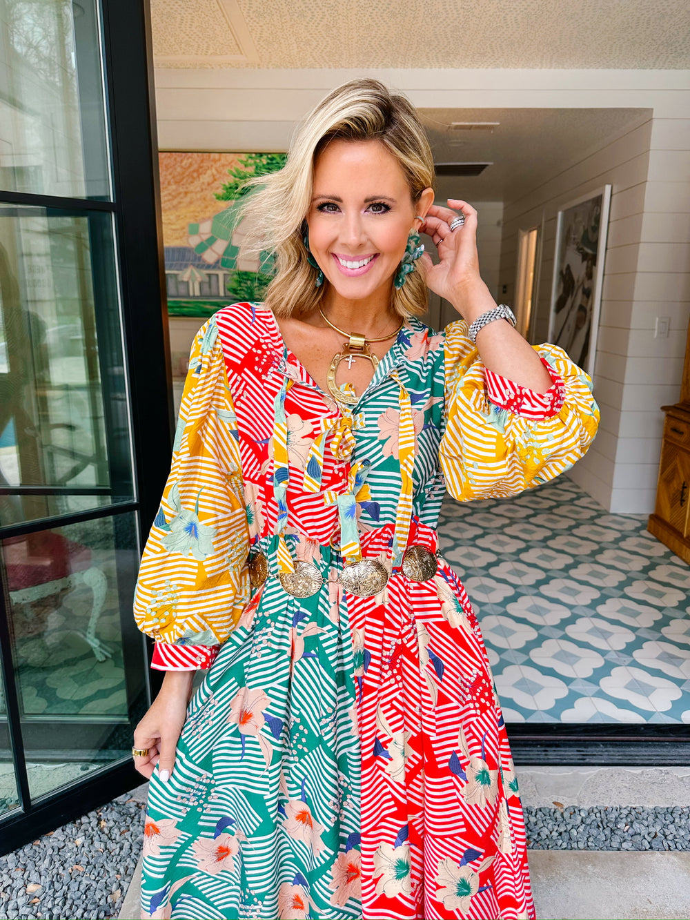 RIVIERA COLORBLOCK BLOOMS TIE UP MIDI DRESS