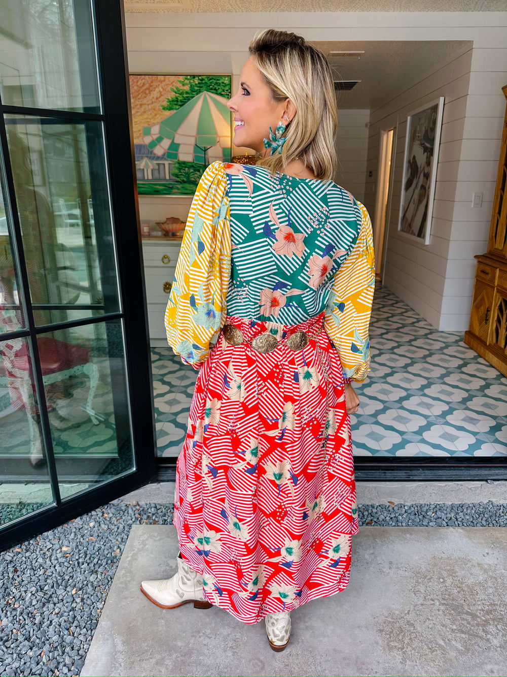 RIVIERA COLORBLOCK BLOOMS TIE UP MIDI DRESS