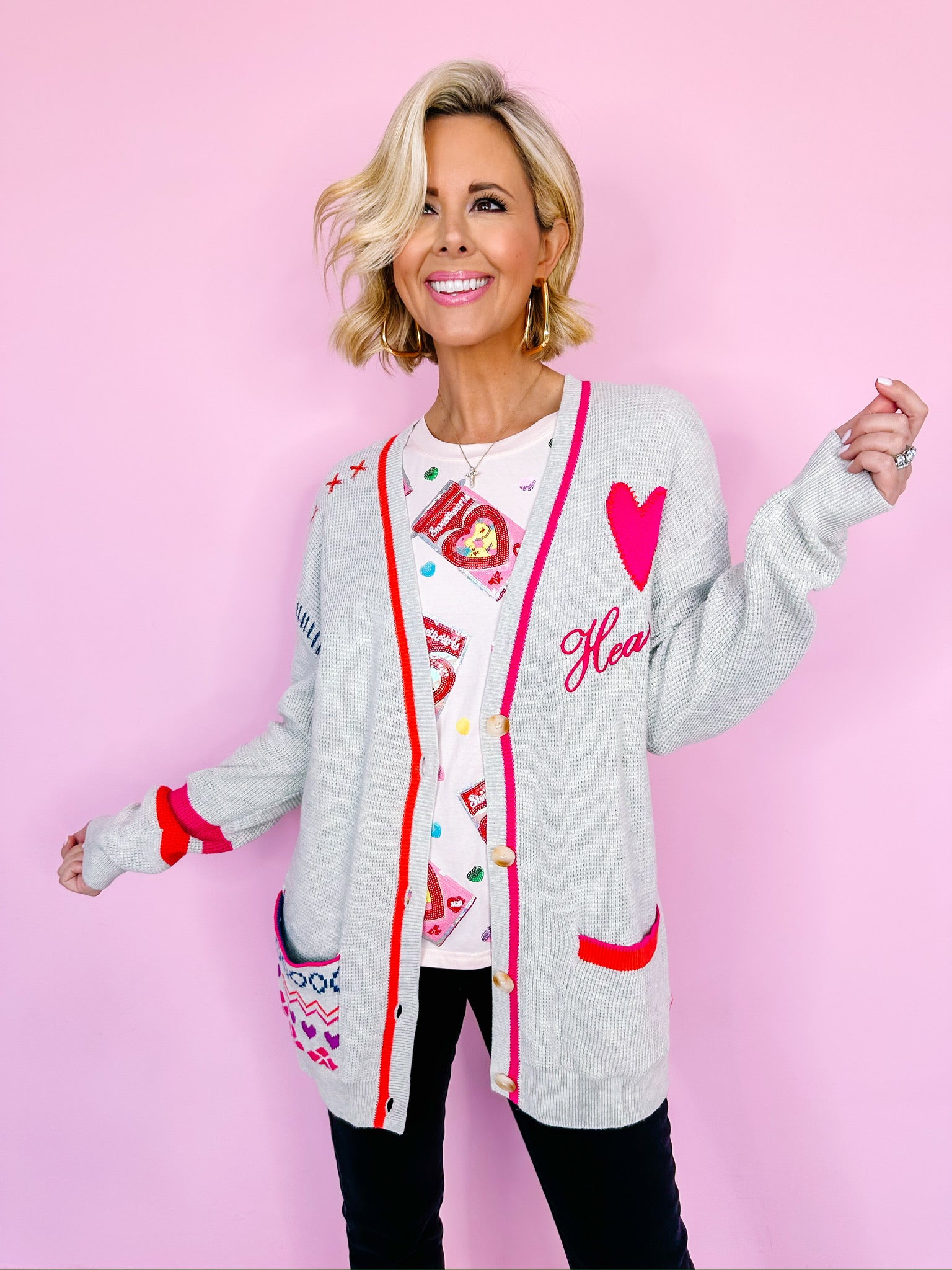 CROSS YOUR HEART WAFFLE KNIT CARDIGAN - GREY