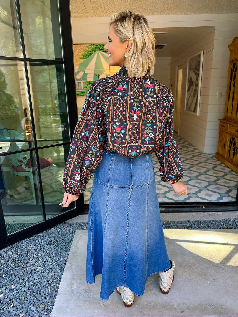 FLORAL MATRIX LONG SLEEVE TOP - BLACK