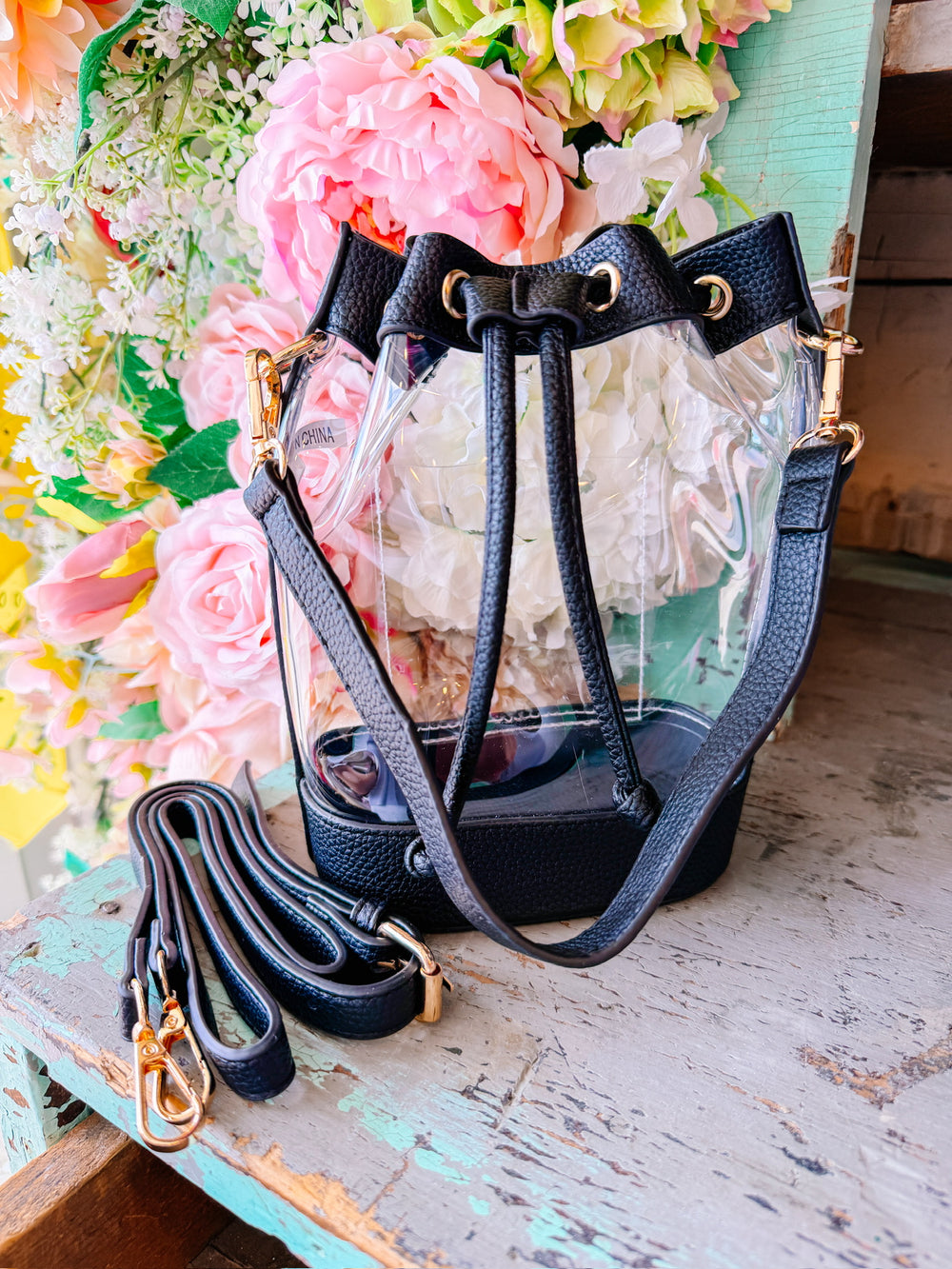 CARA CLEAR CROSSBODY BUCKET BAG - BLACK