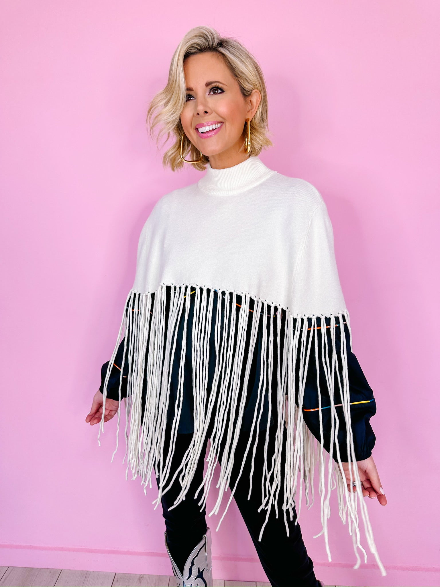 FAWN OVER FRINGE SWEATER PONCHO - CREAM