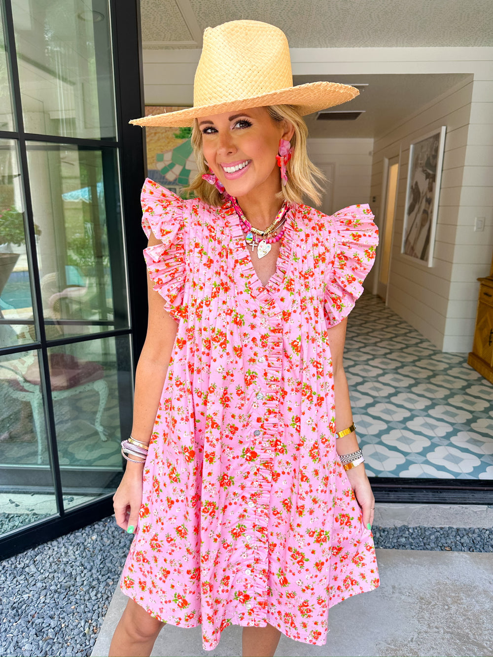 SWEET GARDEN BLOOMS RUFFLE DRESS - PINK