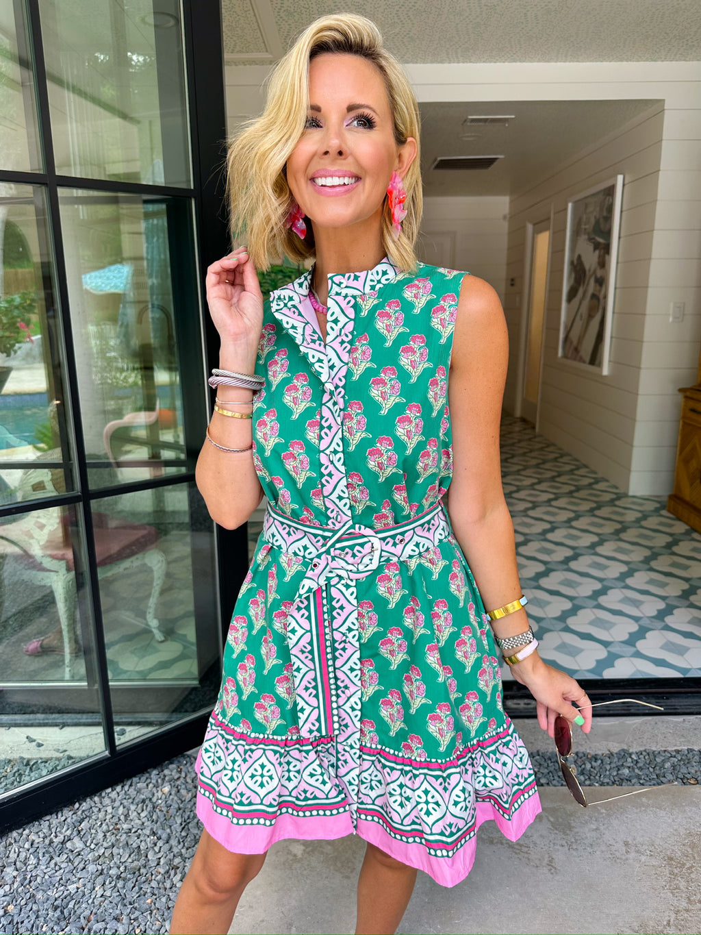 DINAH FLORAL BLOCK BUTTON UP DRESS - GREEN