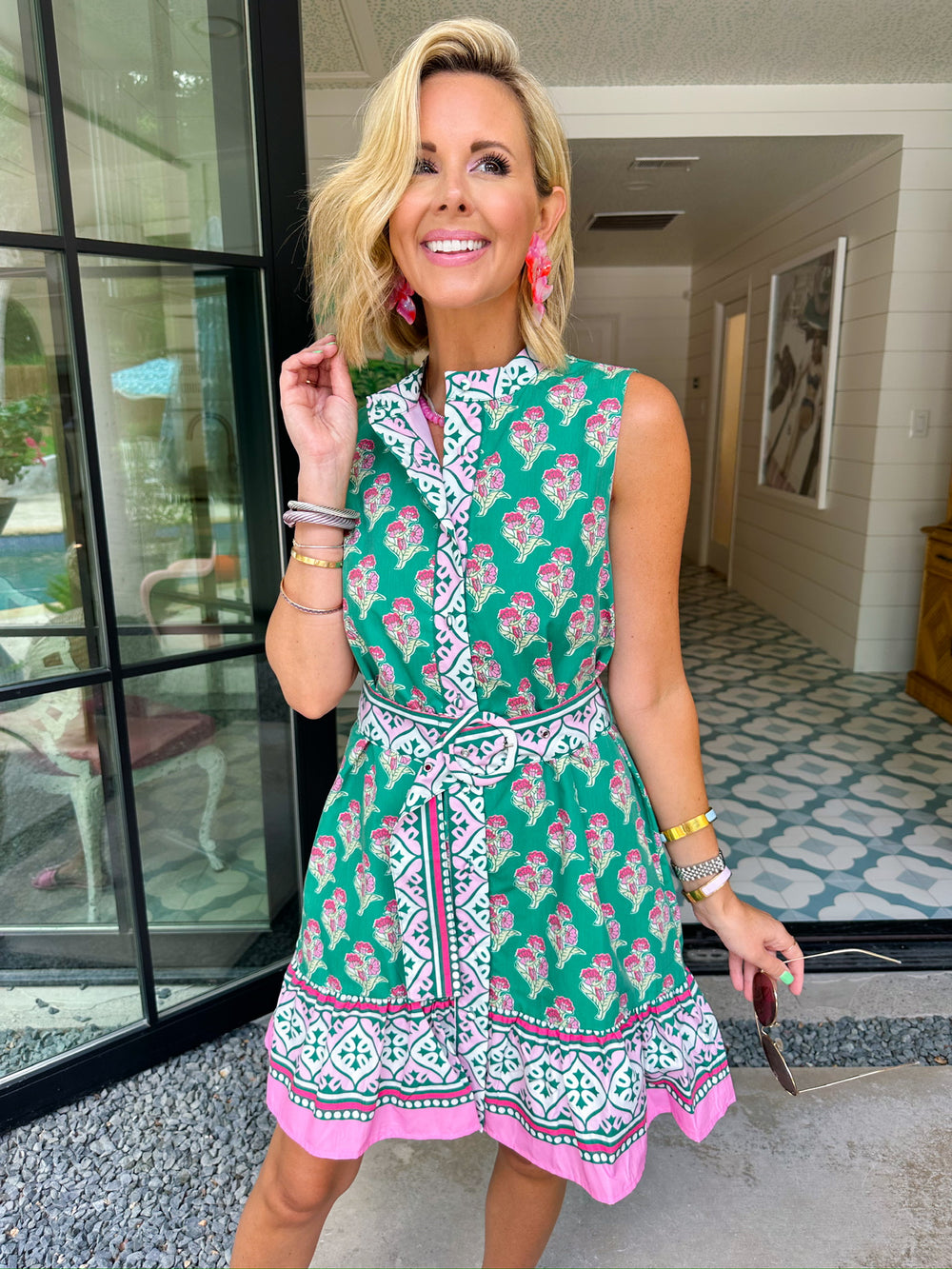 DINAH FLORAL BLOCK BUTTON UP DRESS - GREEN