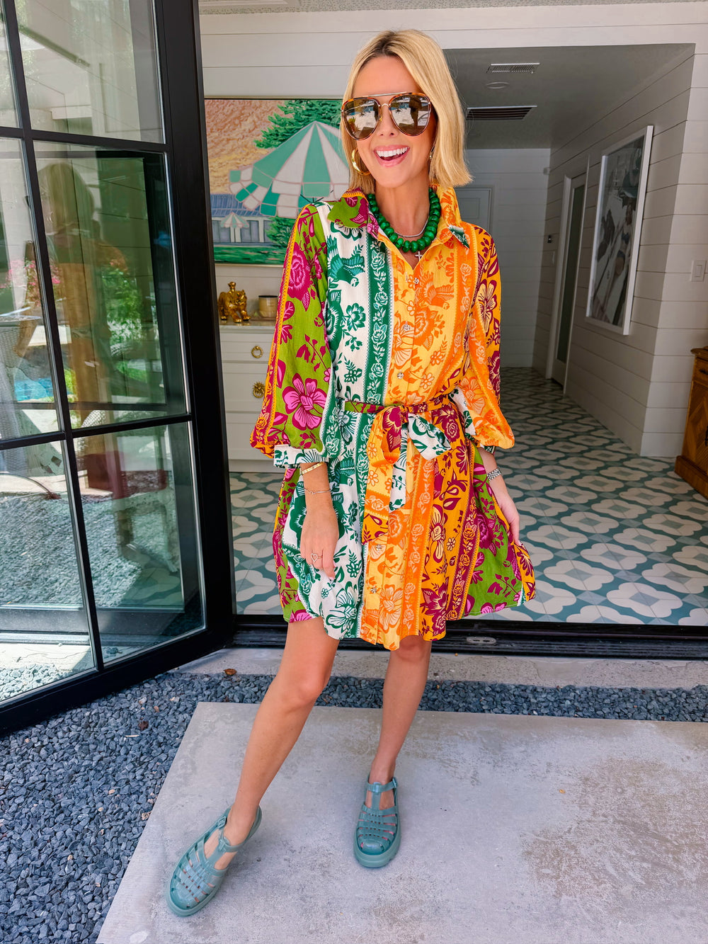 TALES OF THE FLORAL VINE COLORBLOCK BUTTON UP DRESS - ORANGE/GREEN
