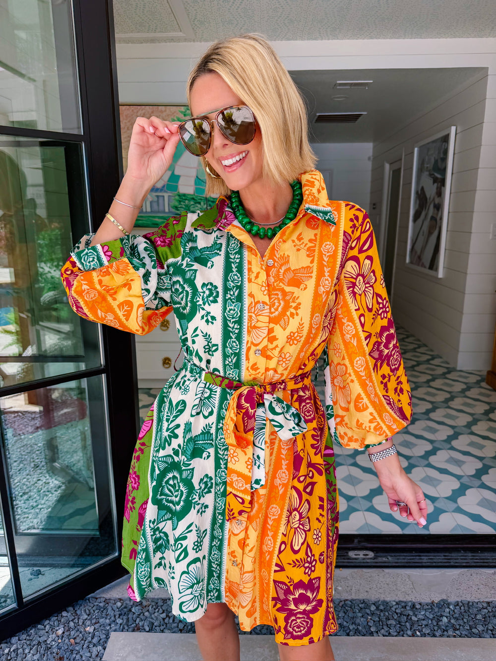 TALES OF THE FLORAL VINE COLORBLOCK BUTTON UP DRESS - ORANGE/GREEN