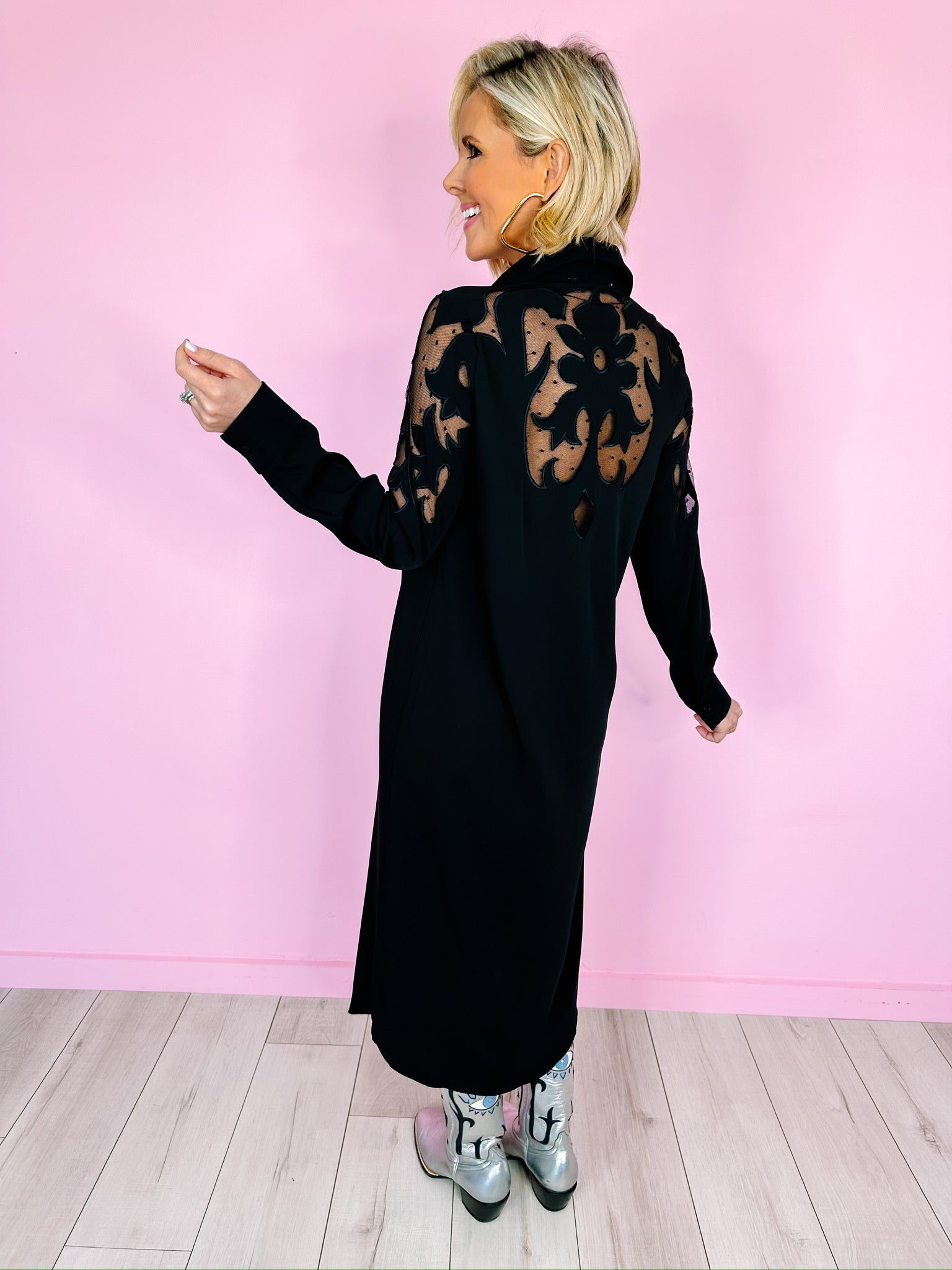 ALL THE POSSIBILITIES MESH BACK SHIRT DRESS - BLACK