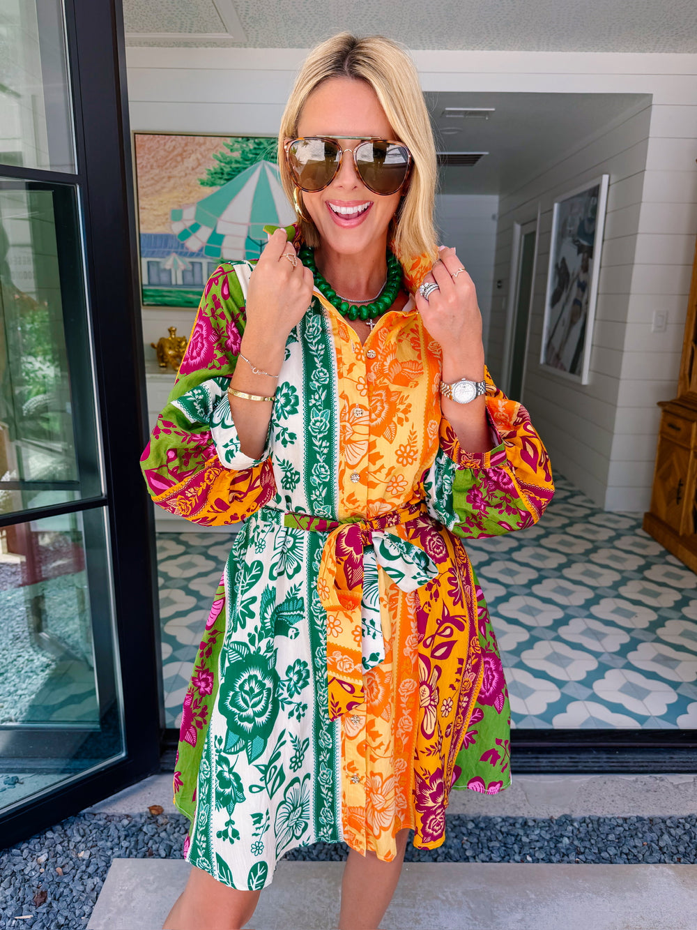 TALES OF THE FLORAL VINE COLORBLOCK BUTTON UP DRESS - ORANGE/GREEN
