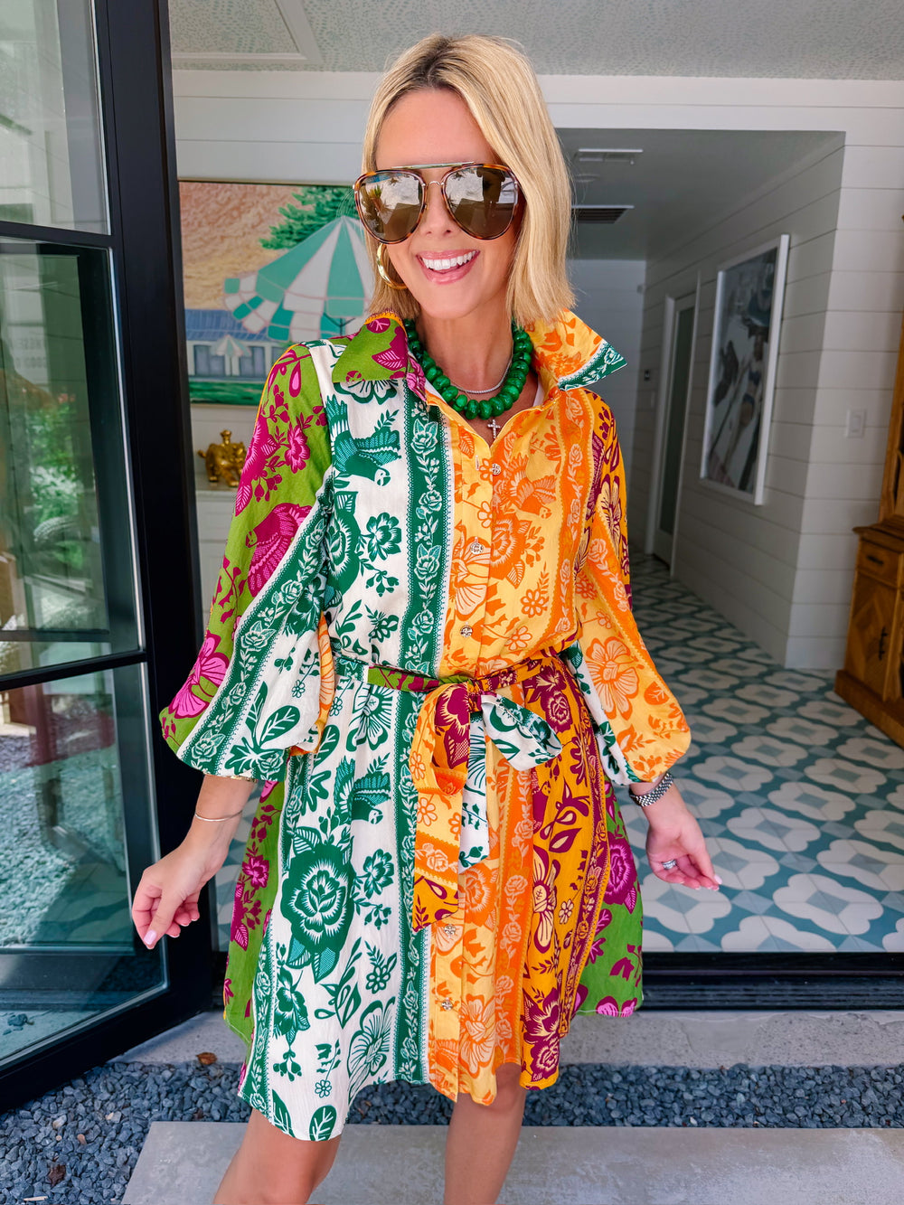 TALES OF THE FLORAL VINE COLORBLOCK BUTTON UP DRESS - ORANGE/GREEN