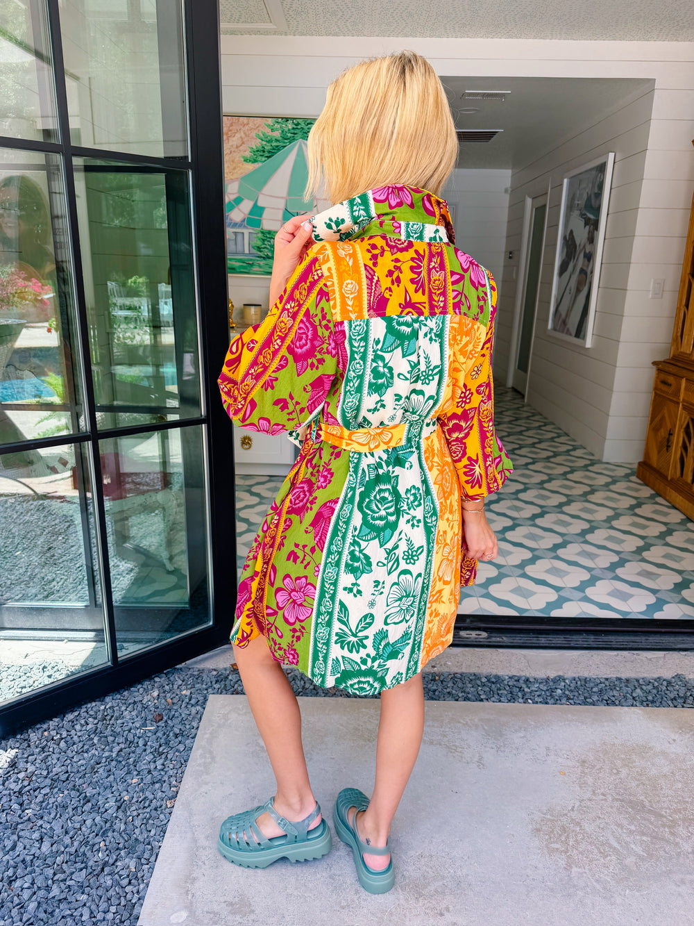 TALES OF THE FLORAL VINE COLORBLOCK BUTTON UP DRESS - ORANGE/GREEN