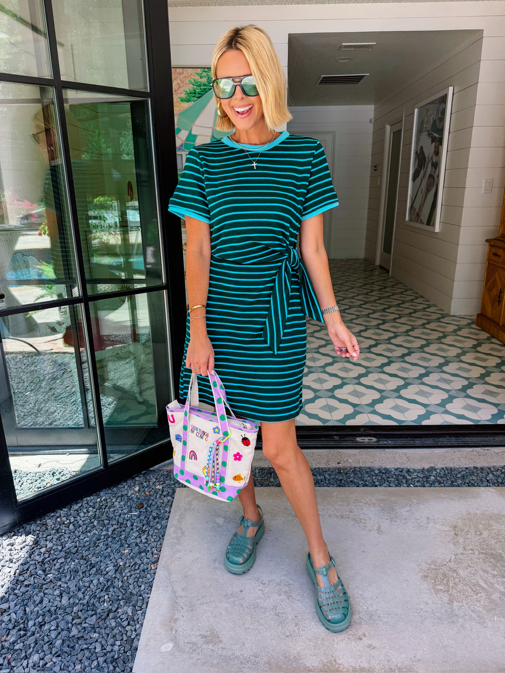 ADDISON STRIPE SIDE TIE DRESS - GREEN