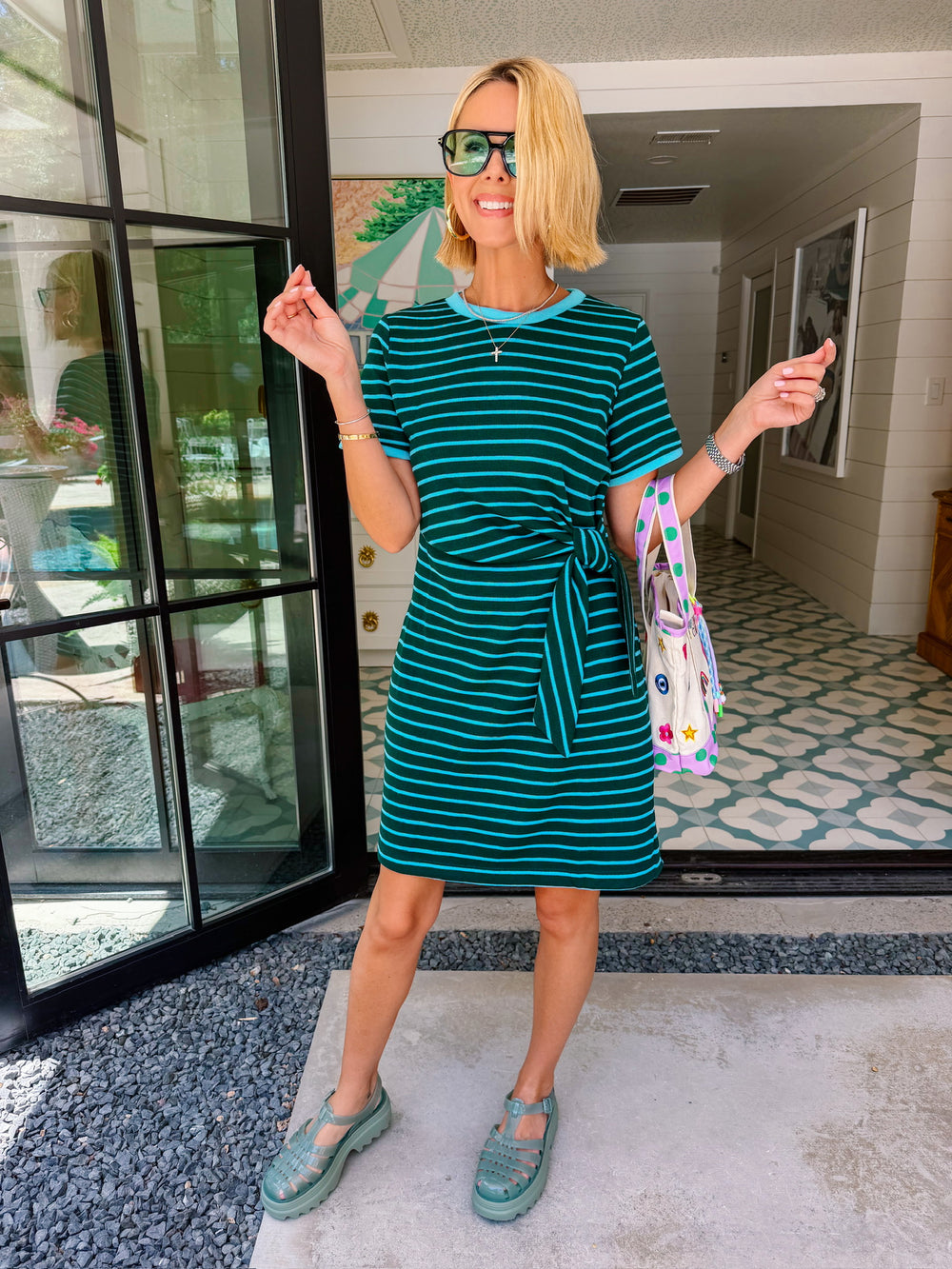 ADDISON STRIPE SIDE TIE DRESS - GREEN